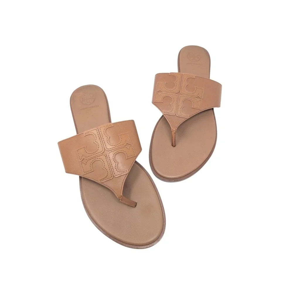 Tory Burch Weston Tan Leather Double T Logo Thong Sandals Size 9.5